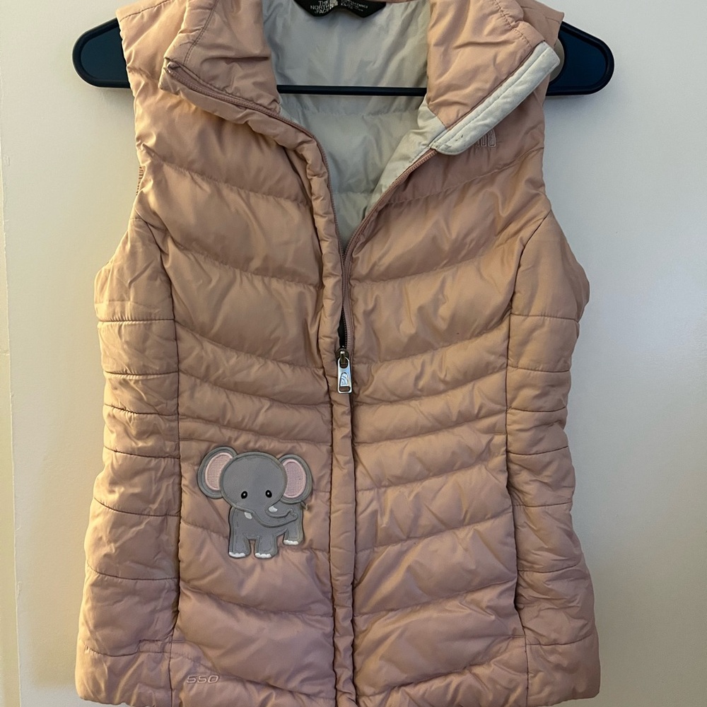 The North Face Pink and Gray Puffer Jacket with Standing Collar
